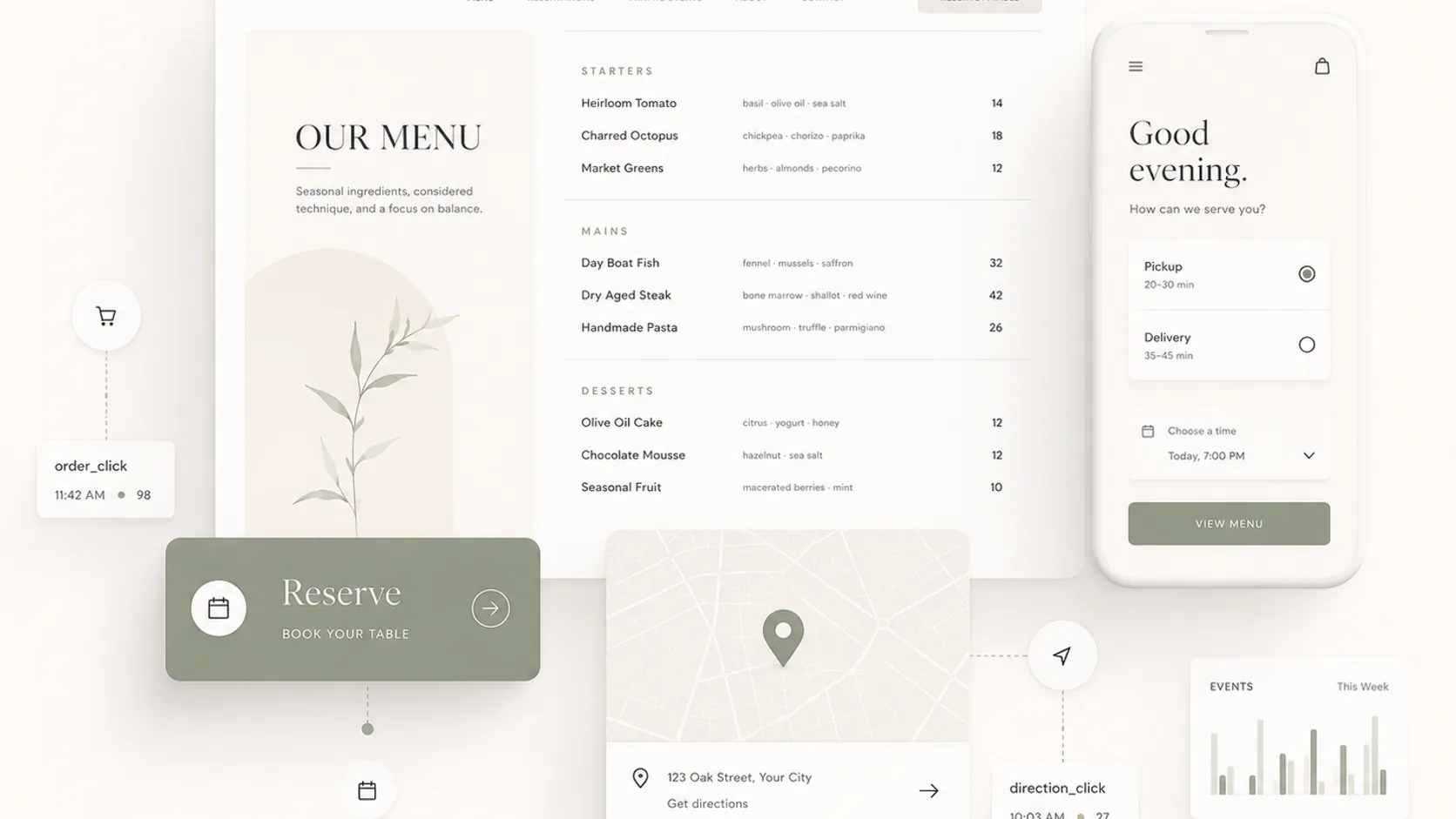 Abstract restaurant website layout with menu, reservation, online ordering, and location modules