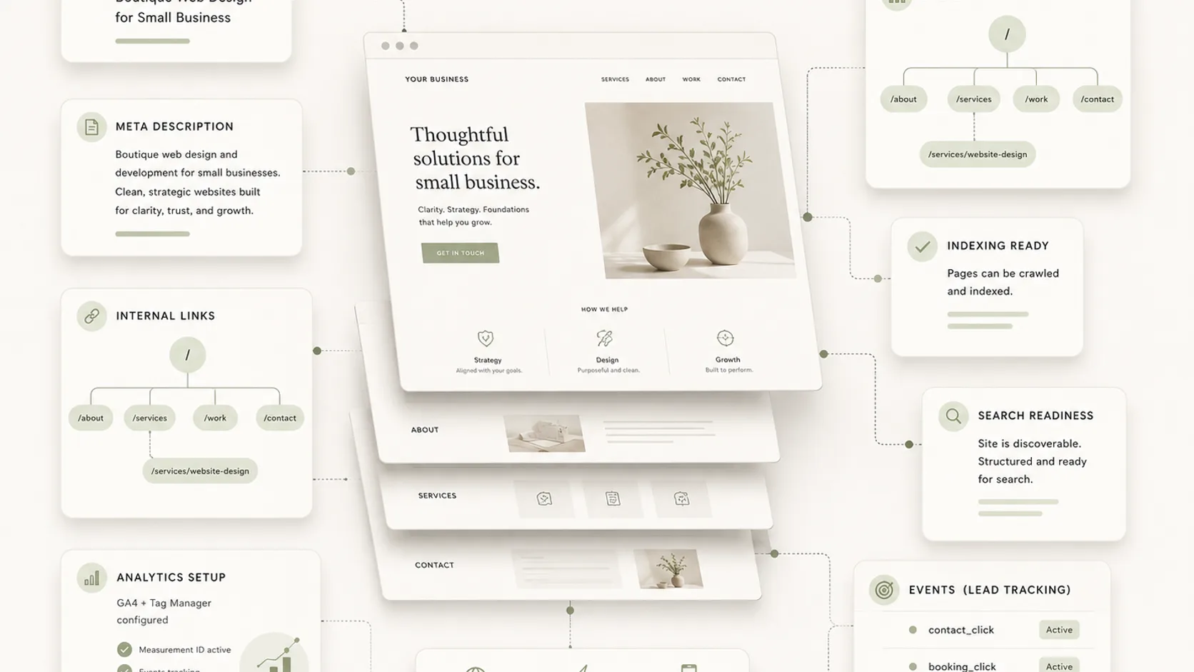 Abstract SEO and analytics setup system for a small business website
