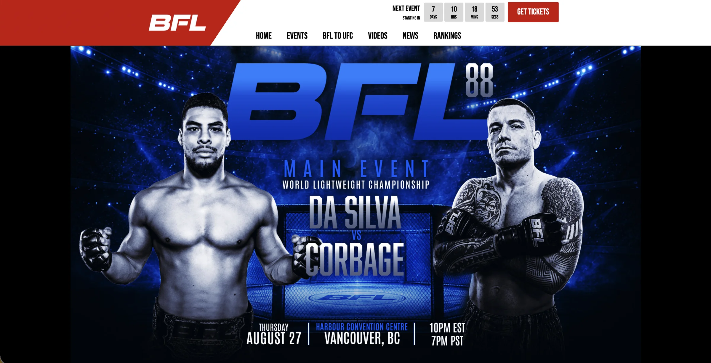 Battlefield Fight League homepage highlighting the next event