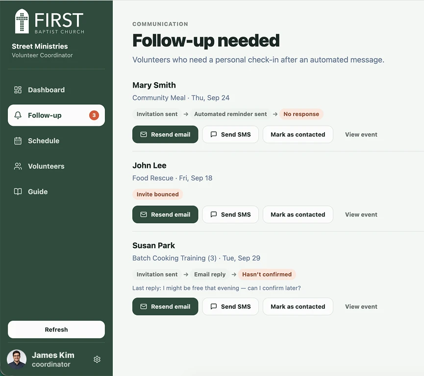 Coordinator follow-up dashboard showing volunteers who need a personal check-in