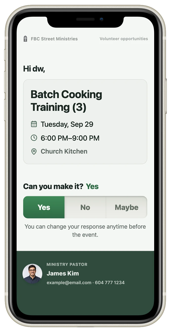 Mobile volunteer confirmation screen with Yes, No, and Maybe response options